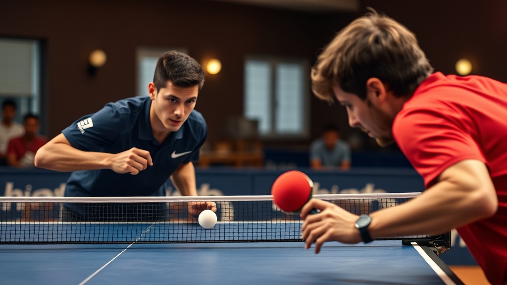 탁구 경기장의 테이블과 경기 진행 장면